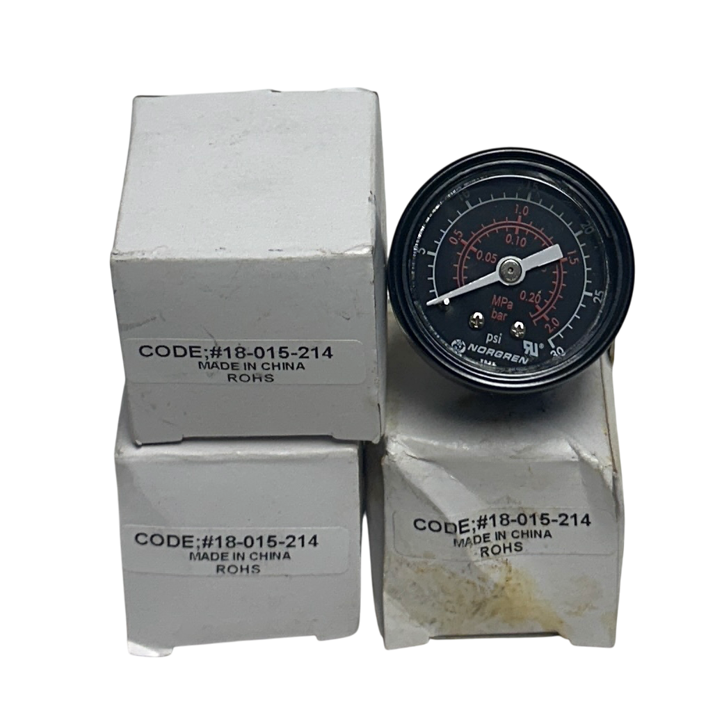 Used 3 NORGREN 18-015-214 / 18015214 PRESSURE GAUGES 0-30PSI 1/8'' NPT THREAD NSMP