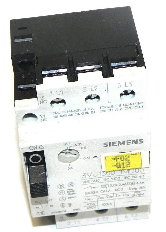 Used SIEMENS 3VU1300-1MD00 STARTER MOTOR PROTECTOR 0.24-0.40AMP 3POLE 3VU13001MD00