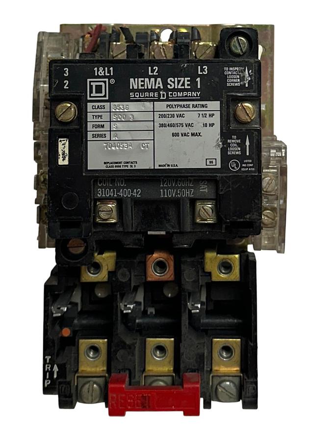 Used SQUARE D 8536-SCO-3 / 8536SCO3 NEMA SIZE 1 MAGNETIC STARTER FORM S SERIES A USNP