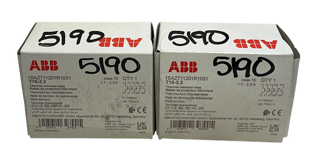 Used 2 ABB T16-2.3 / 1SAZ711201R1031 THERMAL OVERLOAD RELAYS 1.7-2.3A CLASS 10 NSMP