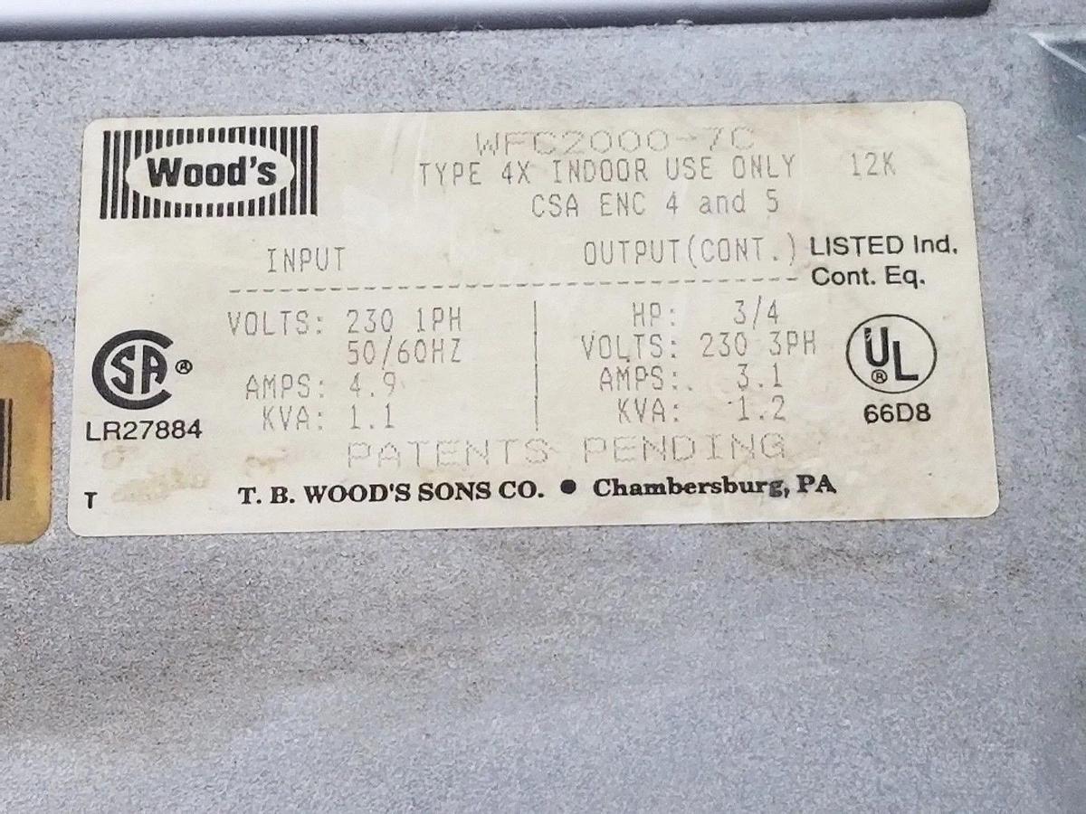 Used VACON / TB WOODS WFC2000-7C INVERTER DRIVE 3/4HP 3.1AMP 230V 3 PHASE WFC20007C
