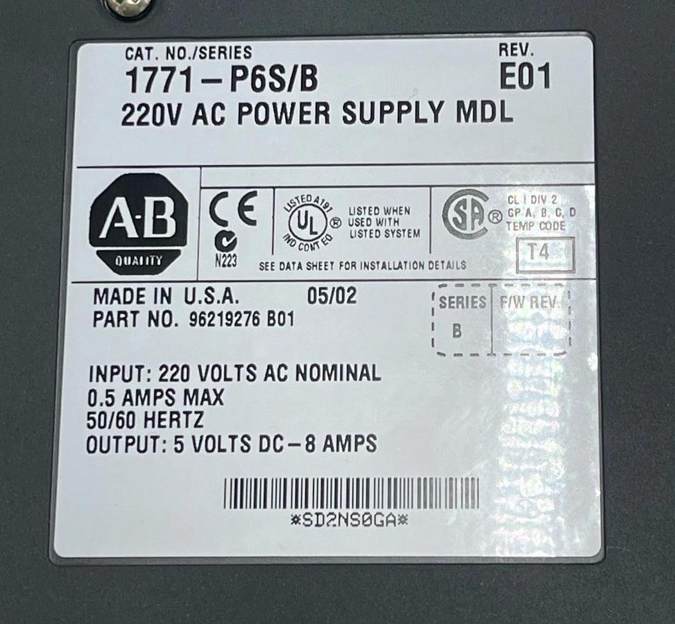 Used Allen-Bradley 1771-P6S/B Rev E01 Power Supply Module 220VAC PLC-5 96219276 B01
