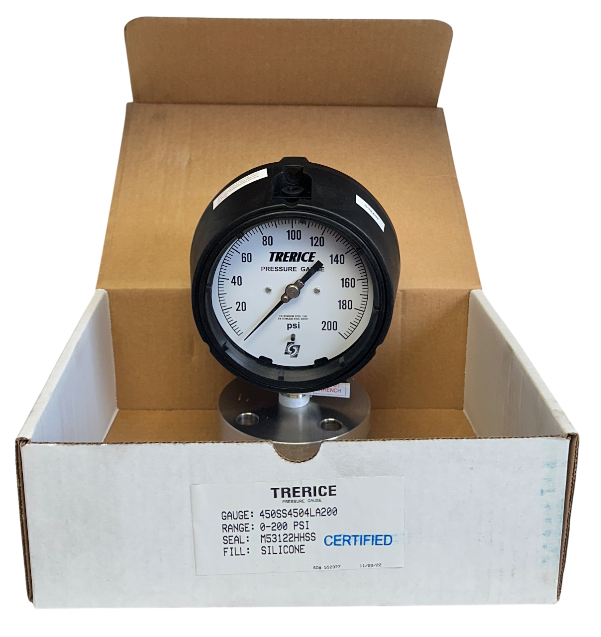 Used TRERICE 450SS4504LA200 / M53122HHSS PRESSURE GAUGE 0-200PSI SILICONE NSMP