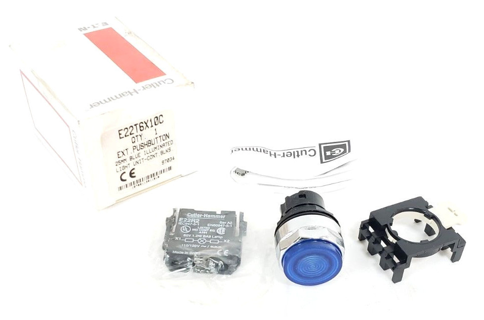Used NIB EATON CUTLER-HAMMER E22T6X10C EXT. PUSHBUTTON BLUE, E22R2 CONTACT