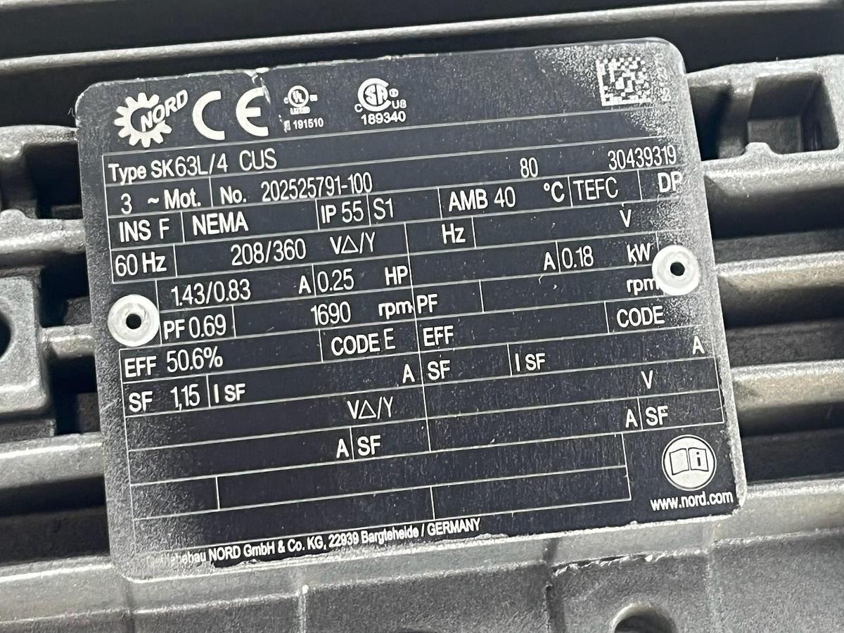 Used NORD SK63L/4 CUS Inverter Duty Motor w/ SK02040AZ-IEC63 Gearbox 0.25HP 3-Phase