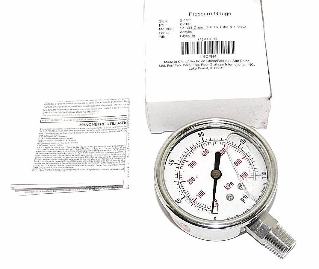 Used NIB GRAINGER 4CFH4 PRESSURE GAUGE SIZE: 2-1/2'' PSI: 0-100, LENS: ACRYLIC
