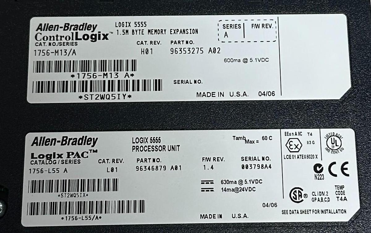 Used ALLEN BRADLEY 1756-L55 /A ControlLogix PROCESSOR W/ 1756-M13 /A MEMORY 1.5M USNP