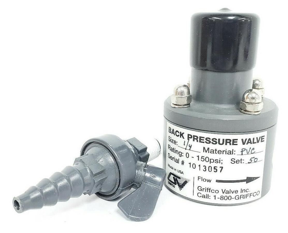 Used NEW GRIFFCO BPV025P BACK PRESSURE VALVE, 1/4" 0.25 IN., PVC, 0-150PSI, SET: 50