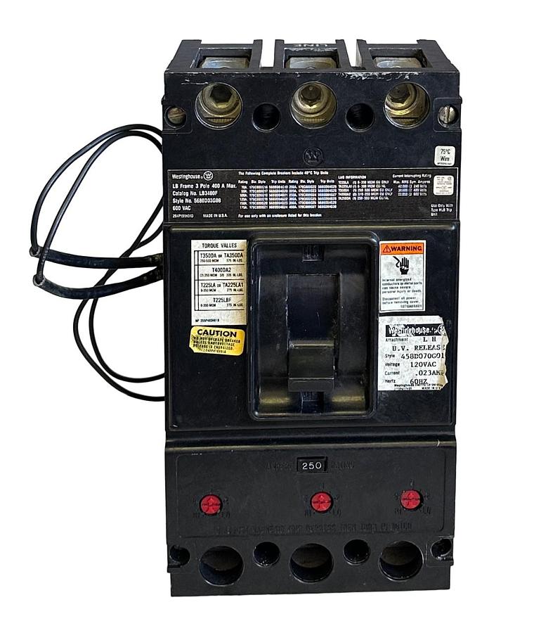 Used WESTINGHOUSE LB3400F / 5680D03G08 CIRCUIT BREAKER 3-POLE 400A 600V W/ 458D070G01