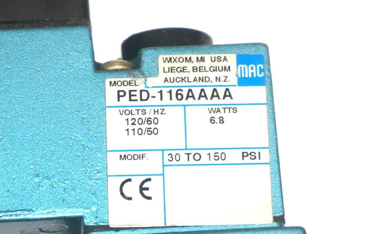 Used MAC 55B-12-PE-116AA VALVE W/ PED-116AAAA, 6.8 WATTS, 30 TO 150 PSI