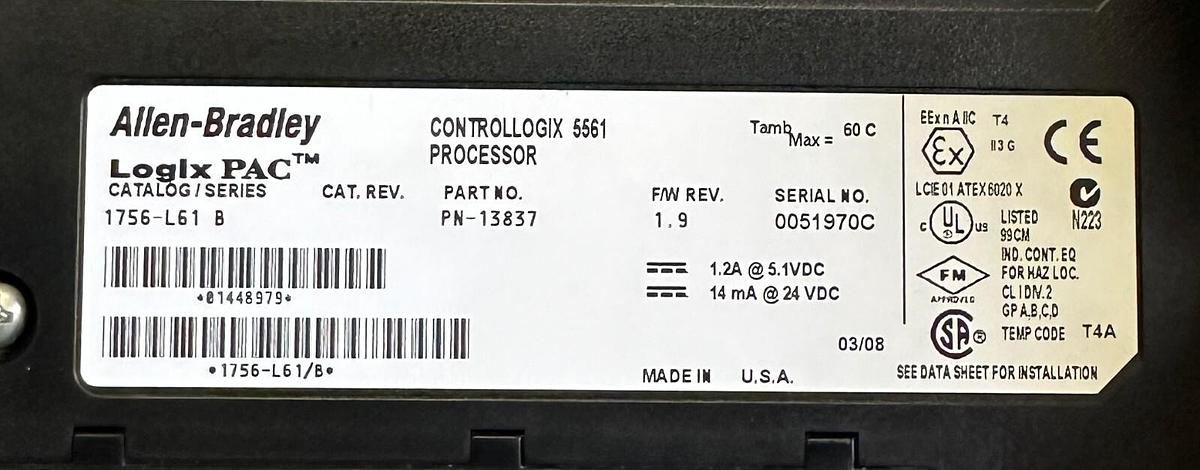 Used ALLEN BRADLEY 1756-L61 /B ControlLogix Logix5561 2MB PROCESSOR RS-232 1756L61