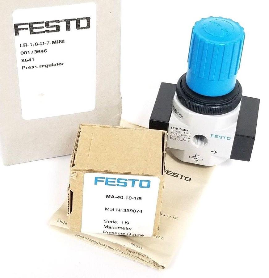 Used NIB FESTO ELECTRIC LR-1/8-D-7-MINI PRESSURE REGULATOR W/ MA-40-10-1/8 GAUGE