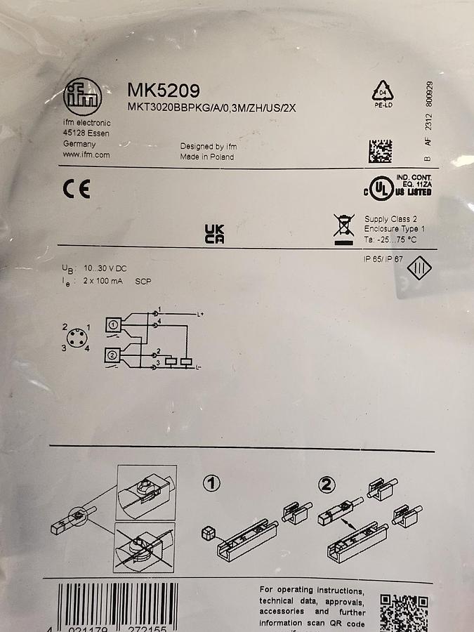 NEW IFM MKT3020BBPKG/A/0,3M/ZH/US/2X T-SLOT CYLINDER SENSOR MK5209 10...30V DC