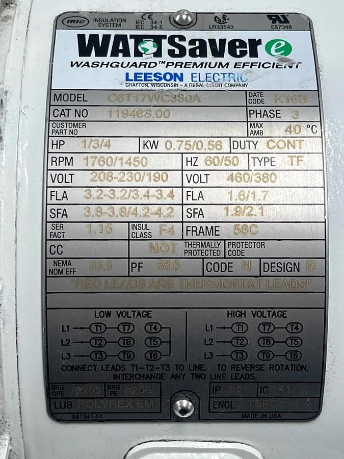 Leeson 119468.00 Washguard Premium Efficient Motor 1HP 1750RPM 3PH 56C Stainless