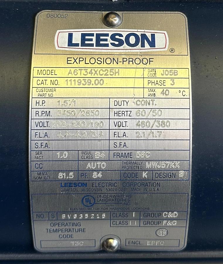 NEW LEESON A6T34XC25H / 111939.00 EXPLOSION PROOF MOTOR & PUMP ASSEMBLY 1.5/1HP