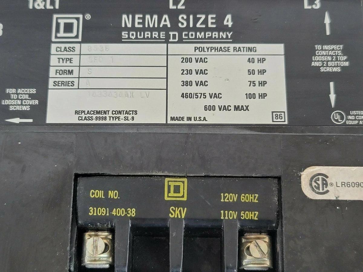 Used USED SQUARE D 8536-SF01S SER. A NEMA SIZE 4 CONTACTOR W/ 120V COIL 31091-400-38
