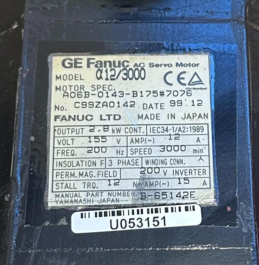 Used FANUC A06B-0143-B175#7076 / A06B0143B1757076 AC SERVO MOTOR a12/3000 2.8kW REP
