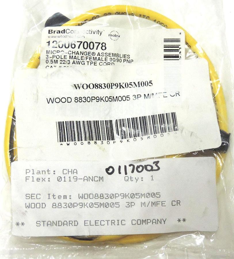 Used NEW WOODHEAD 8830P9K05M005 CORDSET CONNECTOR 3POLE MALE/FEMALE 1200670078