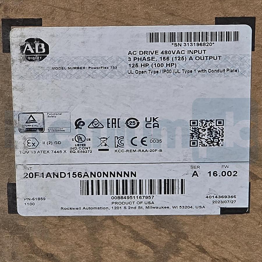 Allen Bradley 20F1AND156AN0NNNNN /A PowerFlex 753 AC Drive 480V 125HP 156A NSMP