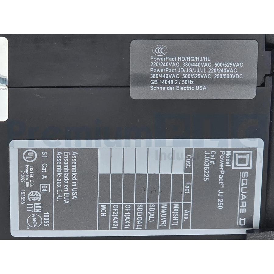 SQUARE D JJA36225 PowerPact JJ 250 CIRCUIT BREAKER 225A, 3-POLE, 600VAC NSNP 785901795681