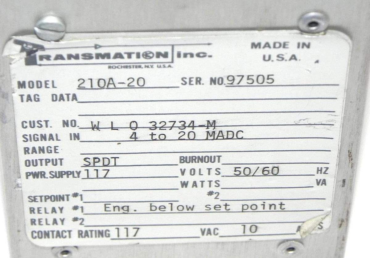 Used TRANSMATION 210A-20 CURRENT ALARM 50/60HZ 210A20