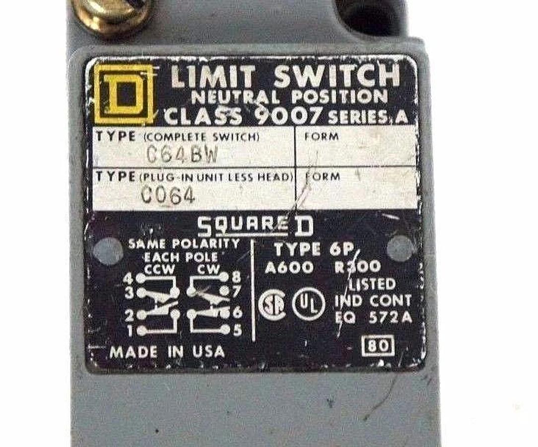 Used SQUARE D 9007-C64BW LIMIT SWITCH 900T-CT-64 RECEPTACLE 9007 TYPE E HEAD SER A