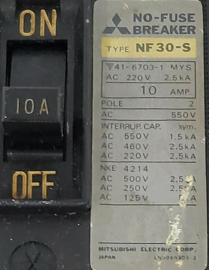 Used MITSUBISHI ELECTRIC NF30-S NO-FUSE CIRCUIT BREAKER 2-POLE 10AMP, NF30S