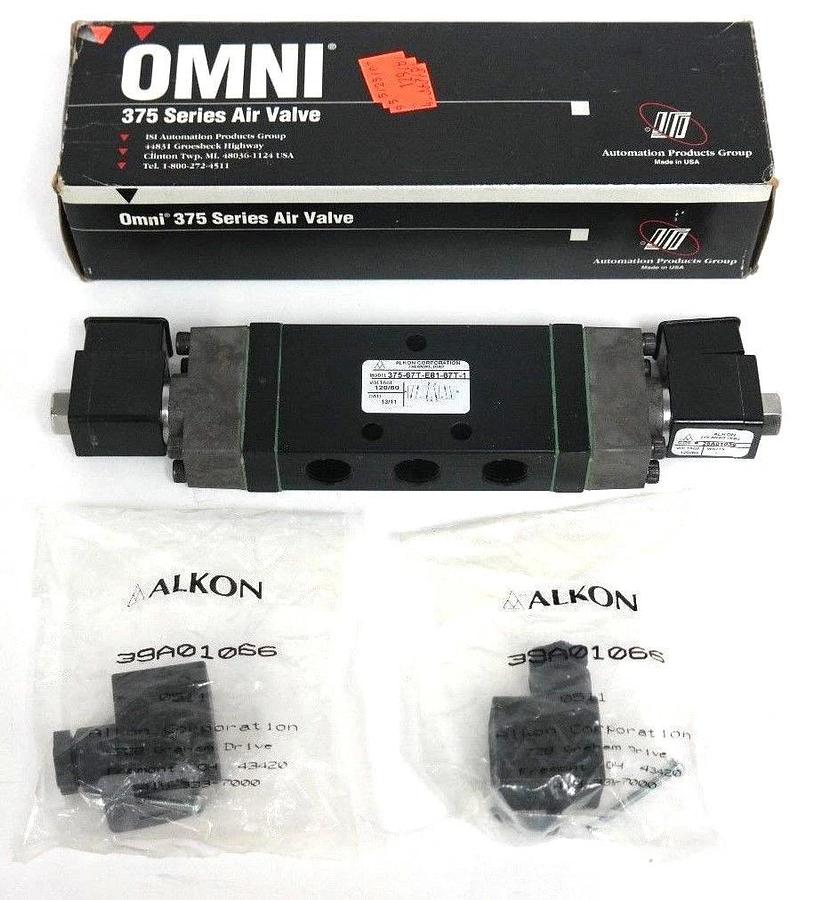 Used NIB OMNI ALKON 375-67T-E81-67T-1 AIR VALVE W/ (2) 26A01039 & (2) 39A01066 COILS