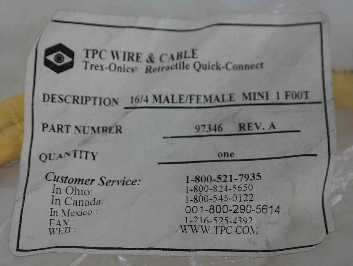 Used NEW TPC 97346 RETRACTILE QUICK-CONNECT CABLE 16/4 MALE/FEMALE MINI 1 FOOT REV. A