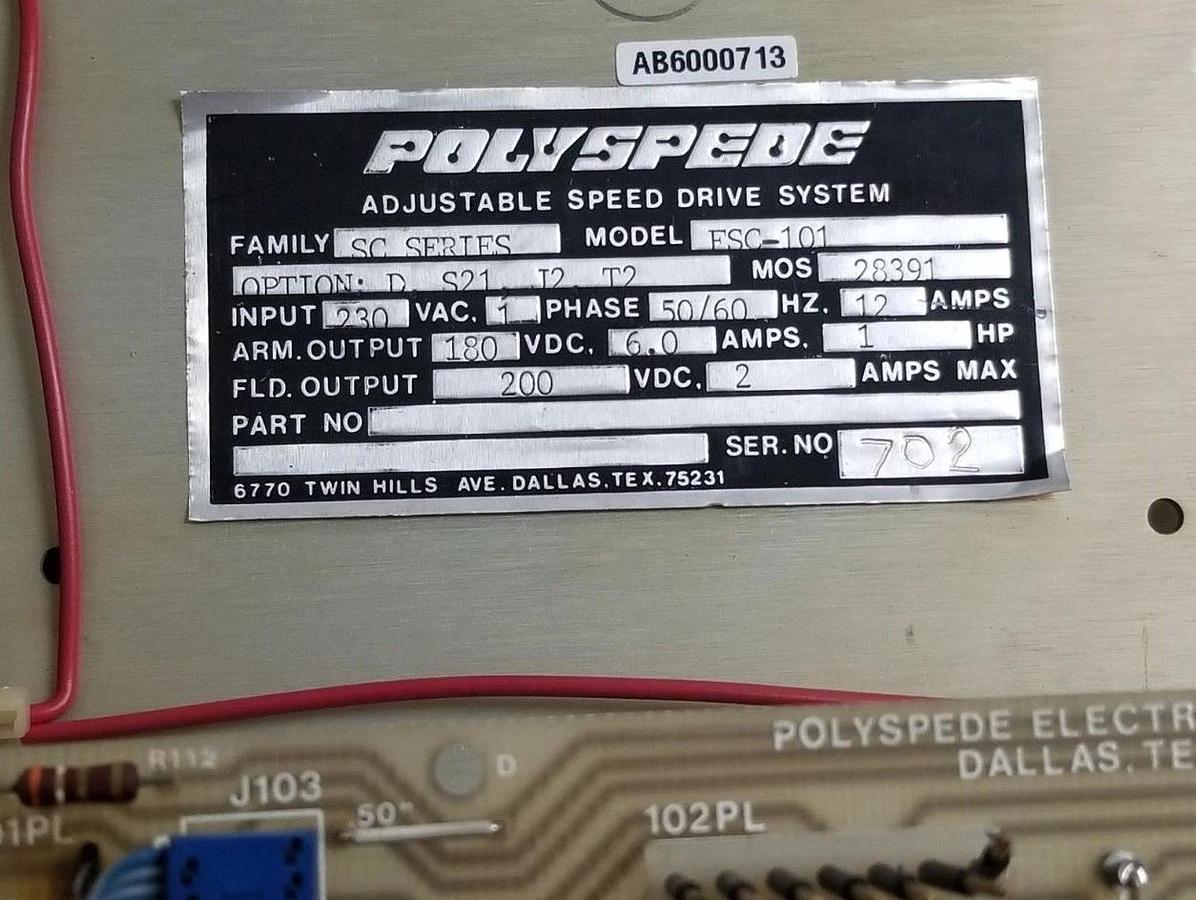 Used POLYSPEDE ESC-101 ADJ. SPEED DRIVE SYSTEM E1530-032, E1507-012, E1534-01