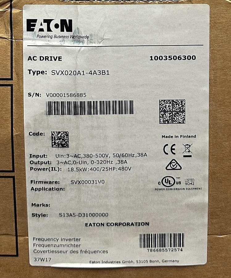 EATON SVX020A1-4A3B1 / SVX020A14A3B1 SVX9000 AC INVERTER DRIVE 18.5kW/25HP NSFS