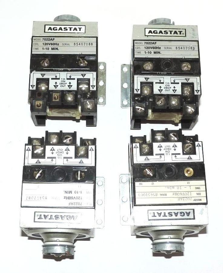 Used LOT OF 4 AGASTAT 7022AF TIME DELAY RELAYS, 120 V, 60 HZ, 1-10 MINUTES, W/O DIALS