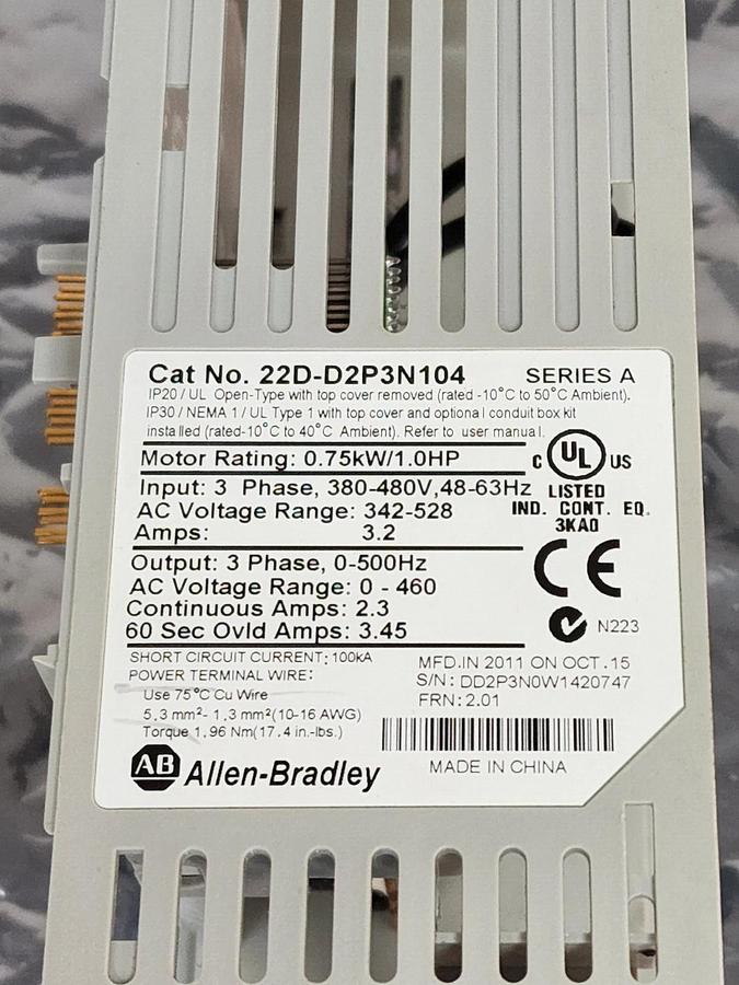 Used ALLEN BRADLEY 22D-D2P3N104 HOUSING