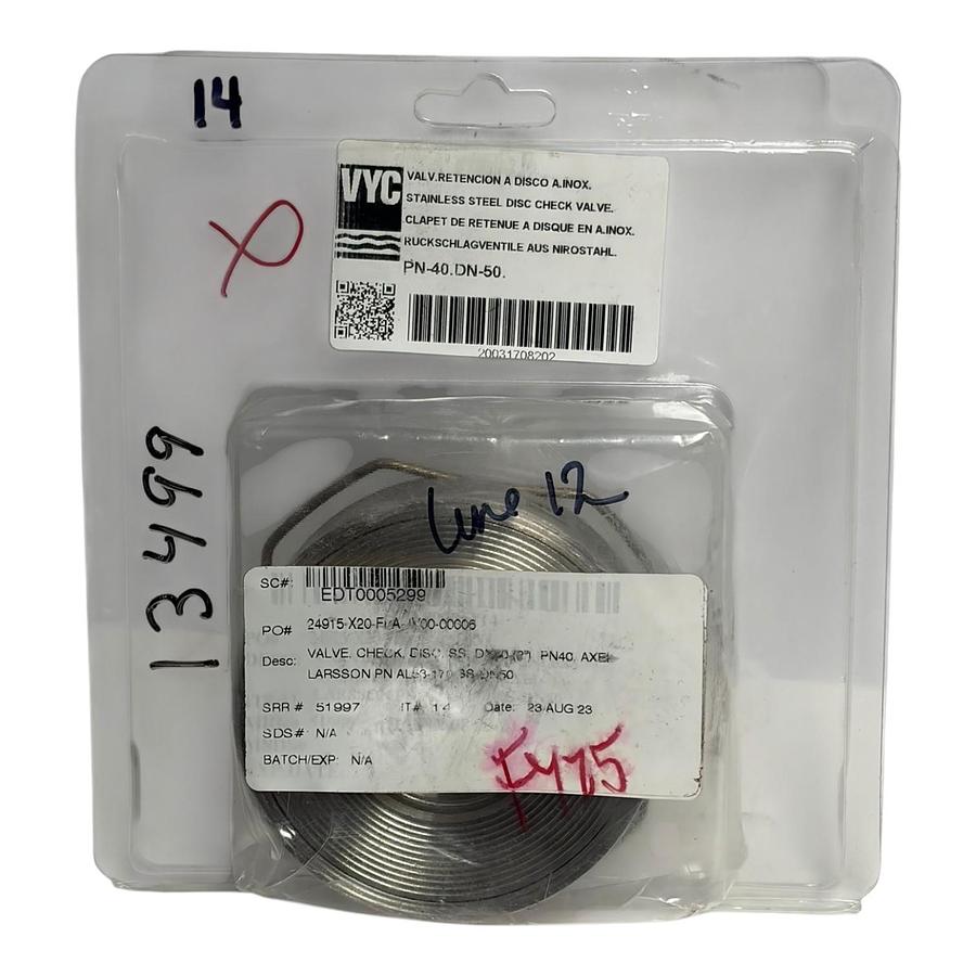 Used VYC Axel Larsson AL53-170 Stainless Disc Check Valve DN50 2" PN40 New