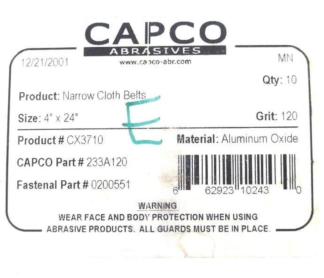 Used BOX OF 10 NEW CAPCO CX3710 NARROW ABRASIVE CLOTH BELTS 120 GRIT, 4" X 24"
