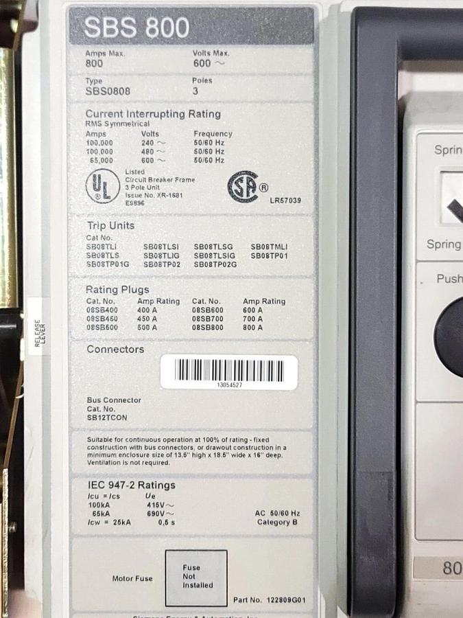 Used SIEMENS SBS0808 DRAWOUT CIRCUIT BREAKER SBS 800 W/ TRIP UNIT AND PLUG 800A 600V