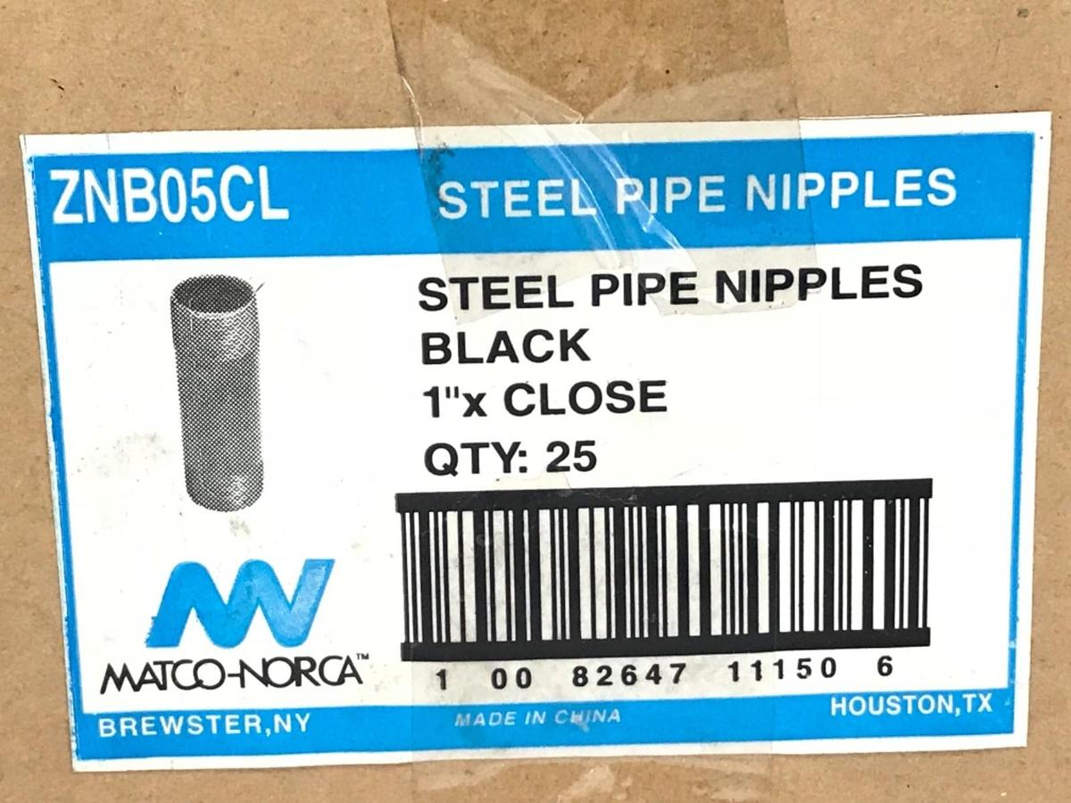 Used BOX OF 25 NEW MATCO-NORCA ZNB05CL STEEL PIPE NIPPLES, BLACK, 1" X CLOSE