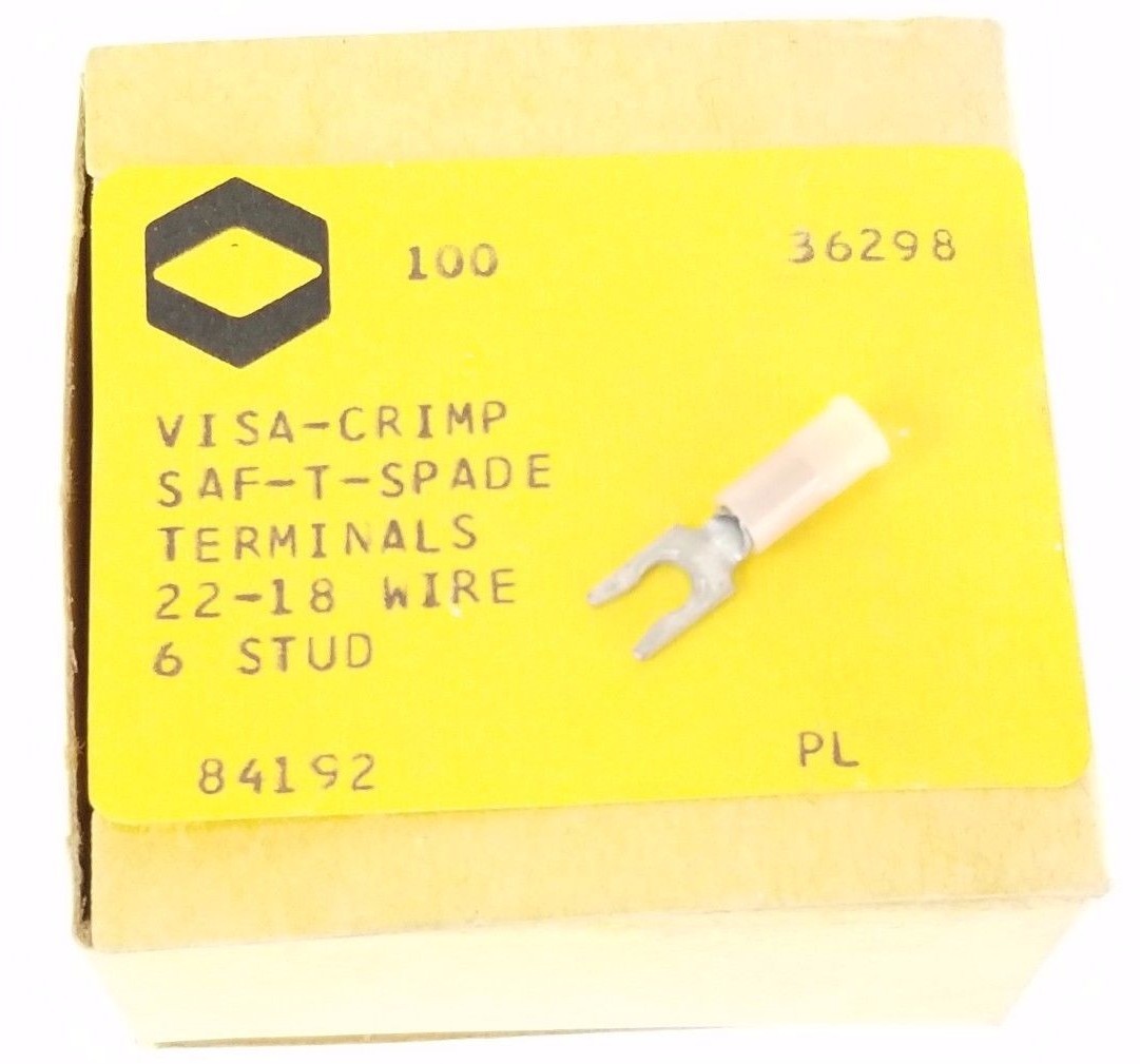 BOX OF 100 NEW VISA-CRIMP 84192, SAF-T-SPADE TERMINALS 22-18 WIRE 6 STUD