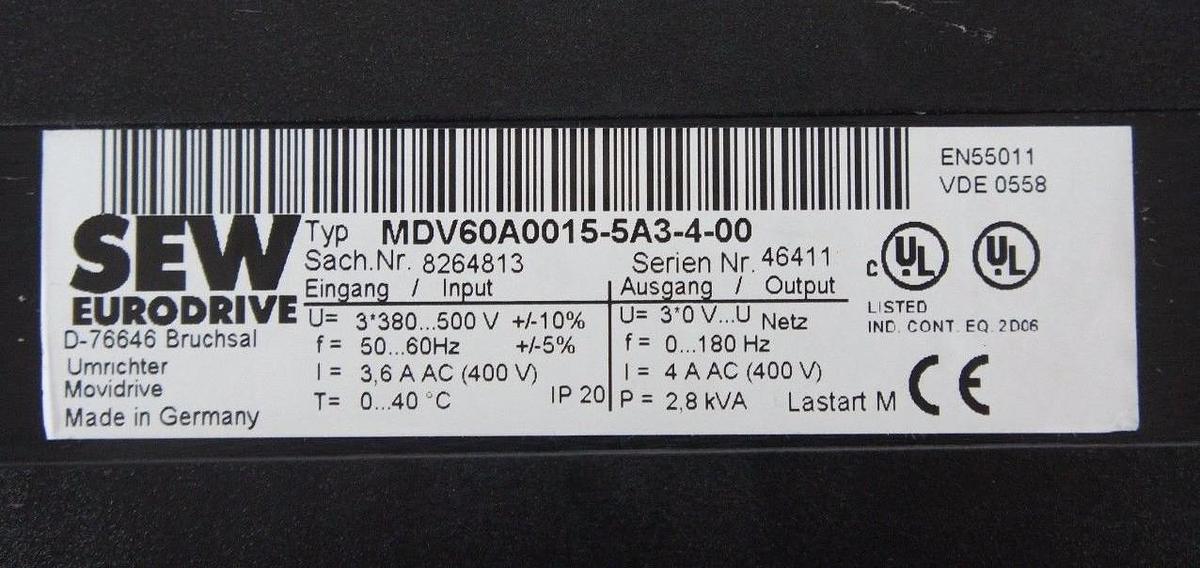 Used SEW EURODRIVE MDV60A0015-5A3-4-00 AC MOVIDRIVE 2HP, 1.5KW, MDV60A00155A3400