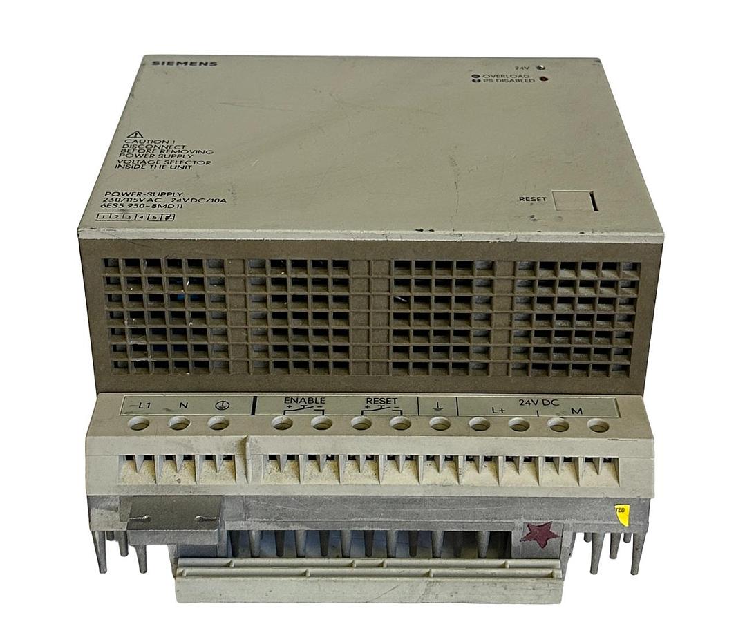 Used SIEMENS 6ES5 950-8MD11 / 6ES59508MD11 POWER SUPPLY 115/230VAC - 24VDC 10A