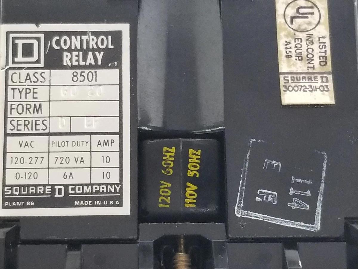 Used SQUARE D 8501-G0-20 AC CONTROL RELAY 8501G020 SERIES D, 8501-GO-20