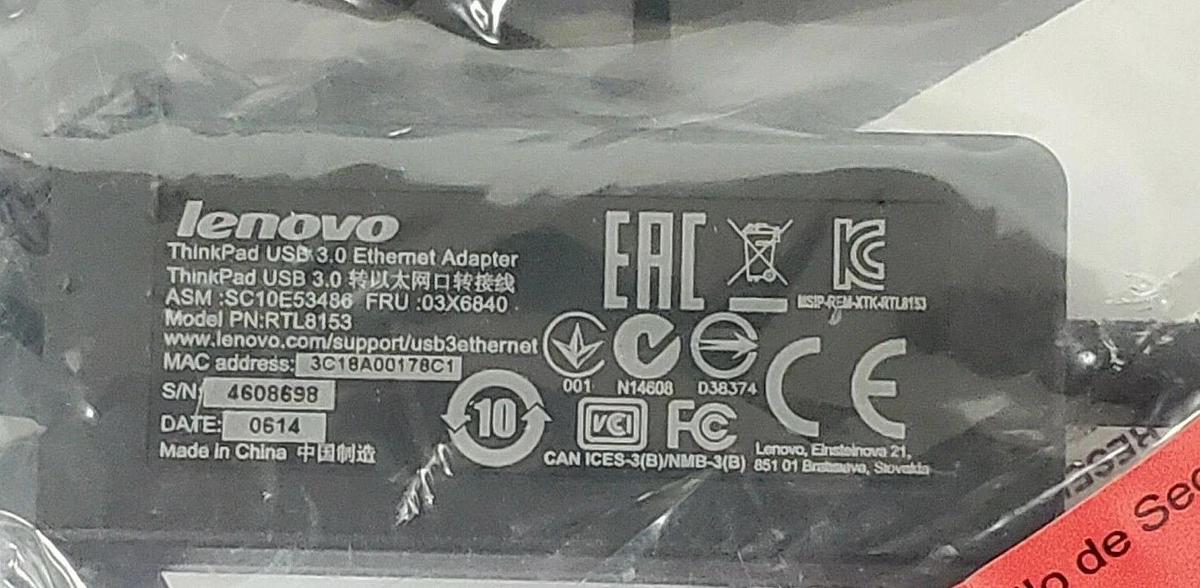 Used NEW LENOVA 4X90E51405 THINKPAD USB 3.0 ETHERNET ADAPTER KIT