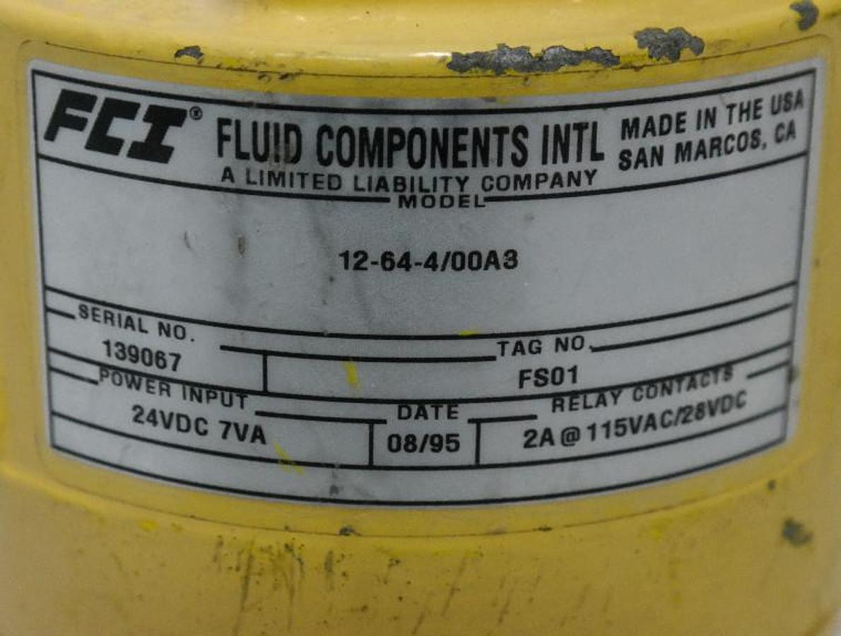 Used FLUID COMPONENTS 12-64-4/00A3 FLOW SWITCH ENCL. 29/30 A2A, 24VDC 7VA