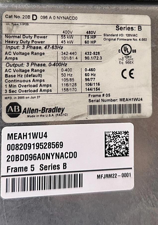 Refurbished ALLEN BRADLEY 20BD096A0NYNACD0 /B PowerFlex 700 AC DRIVE 55kW/75HP 432-528VAC