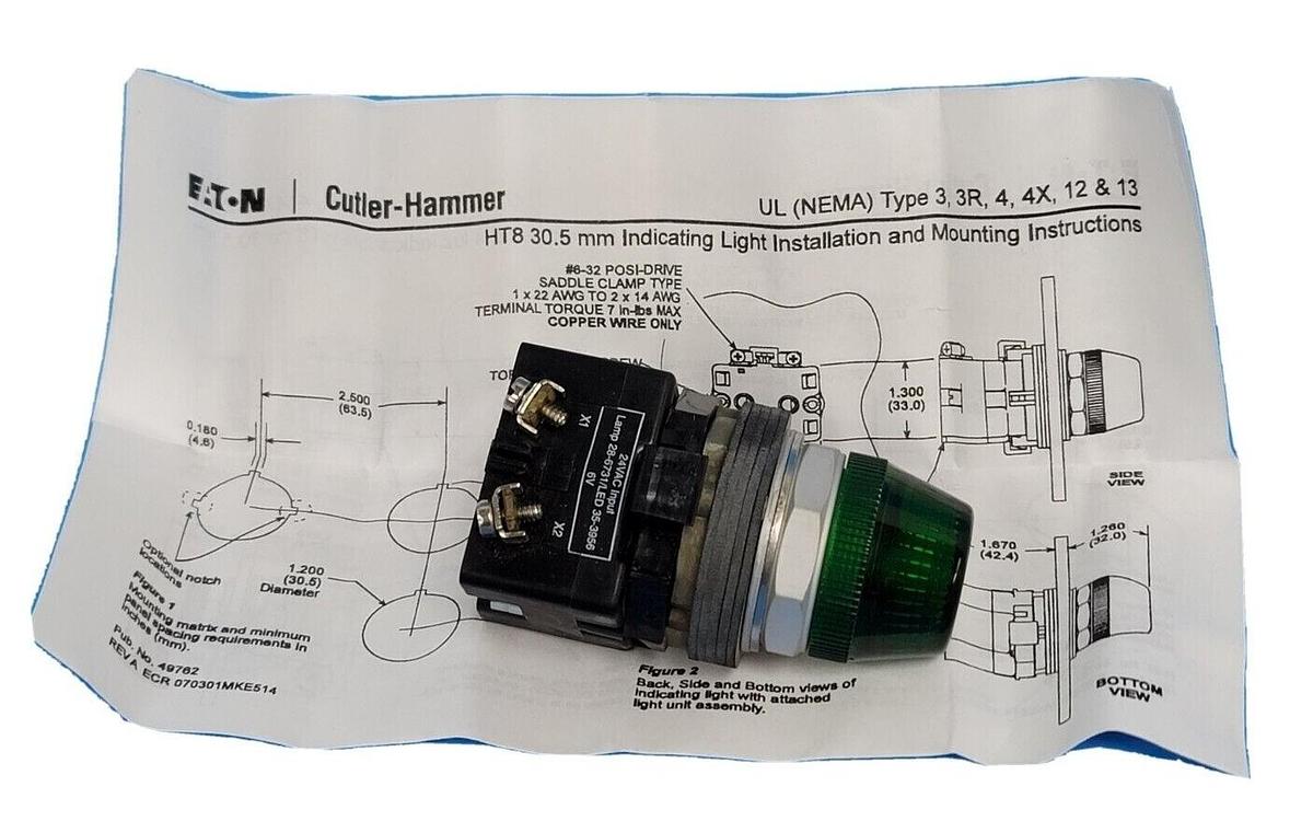 NIB EATON CUTLER-HAMMER HT8HBGT3 PILOT LIGHT 24V XFR GRN