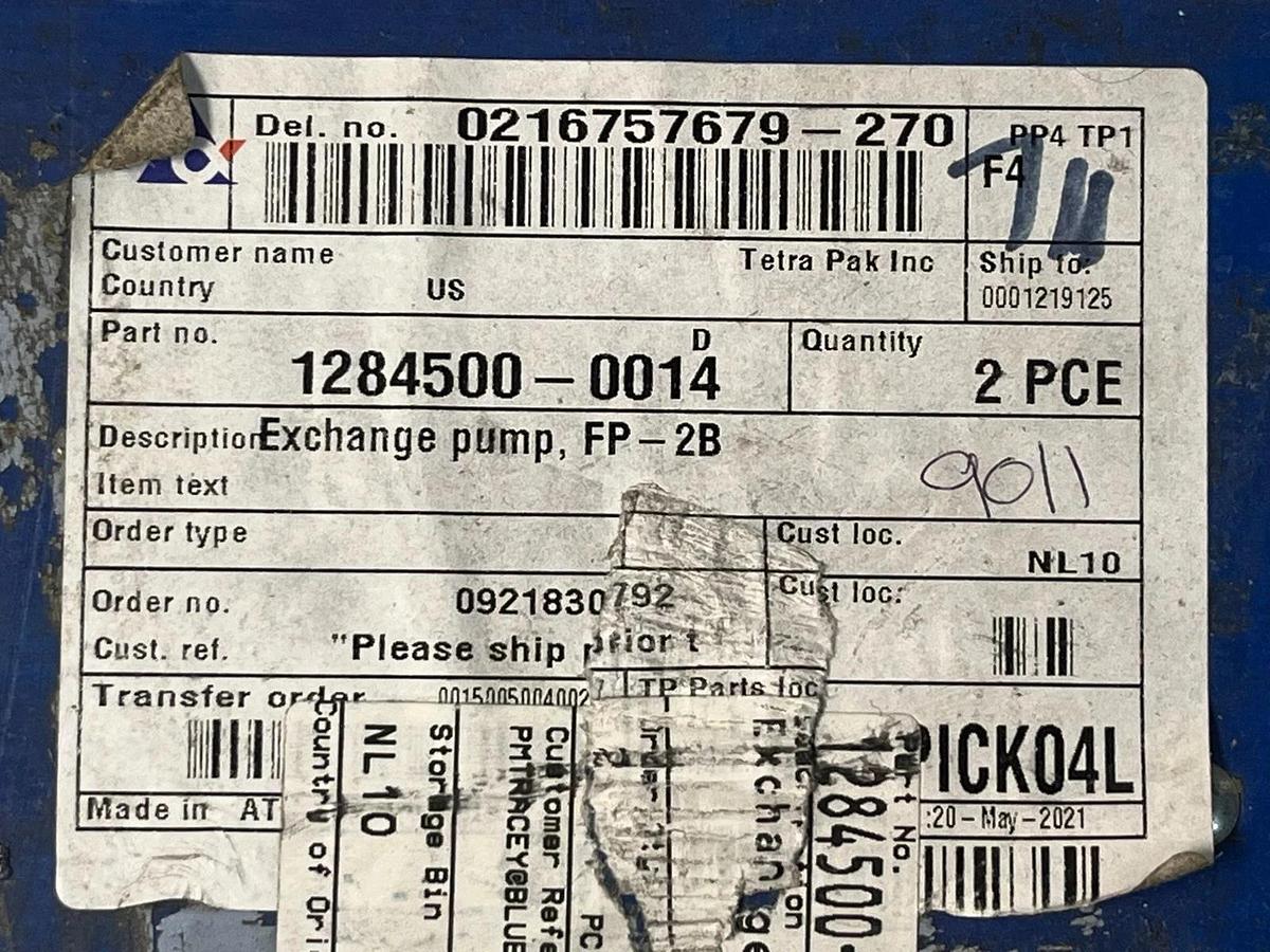 Tetra Pak 1284500-0014 FP-2B Hoyer Continuous Freezer Sanitary Inlet Pump & Case