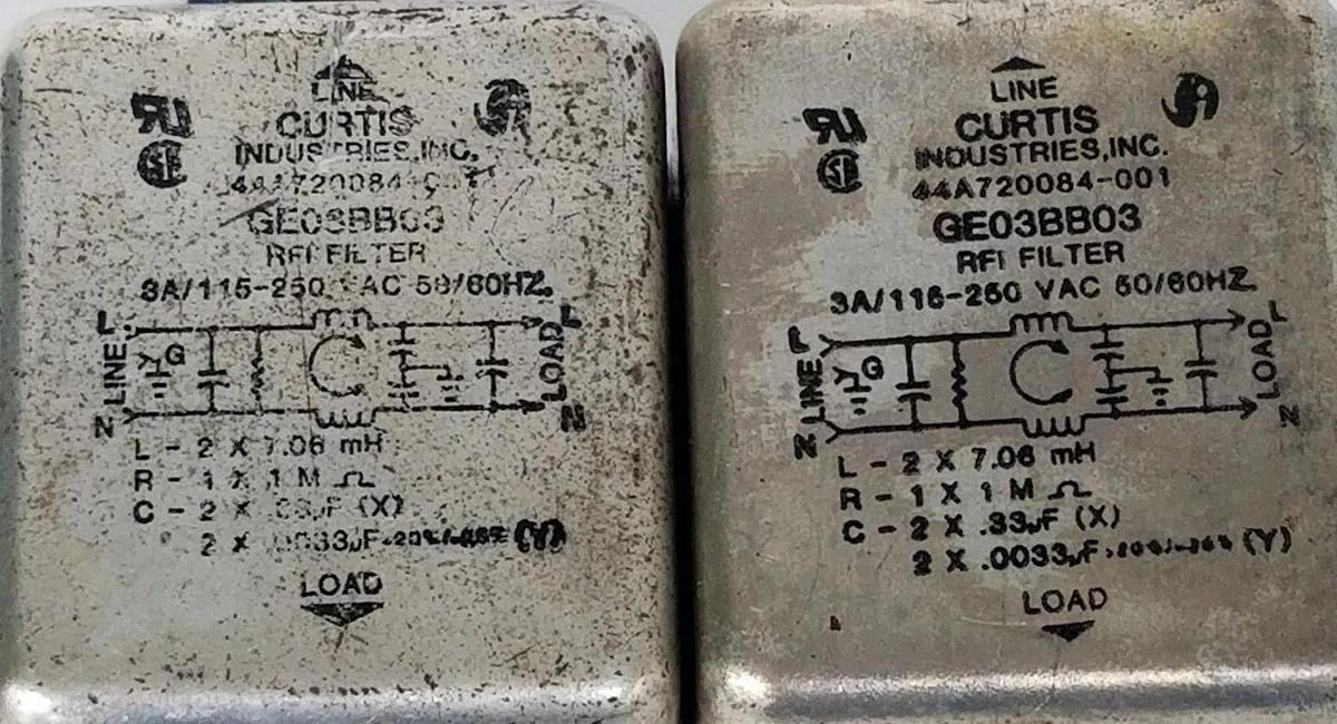 Used LOT OF 2 CURTIS INDUSTRIES GE03BB03 RFI FILTERS, 3A, 115-250VAC, 44A720084-001