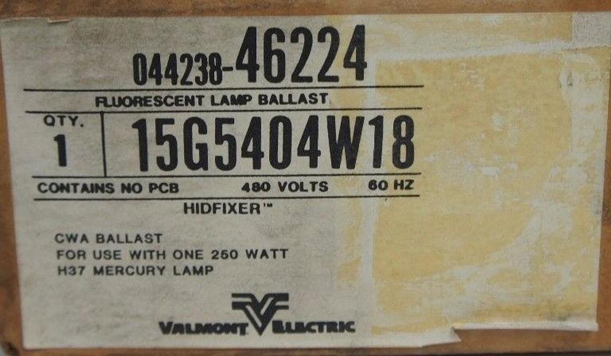 NIB VALMONT ELECTRIC 044238-46224 FLUORESCENT LAMP BALLAST, 15G5404W18 480V 60HZ