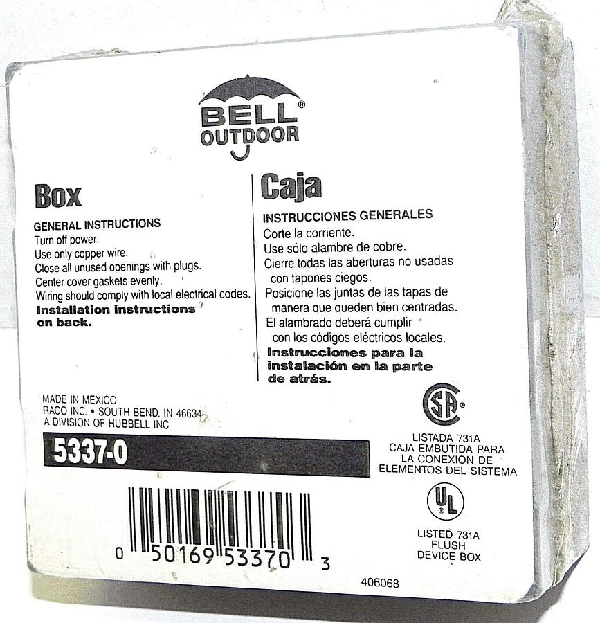 NEW BELL OUTDOOR 5337-0 HUBBELL ELECTRIC BOX 4-1/4'' BY 4-1/2''