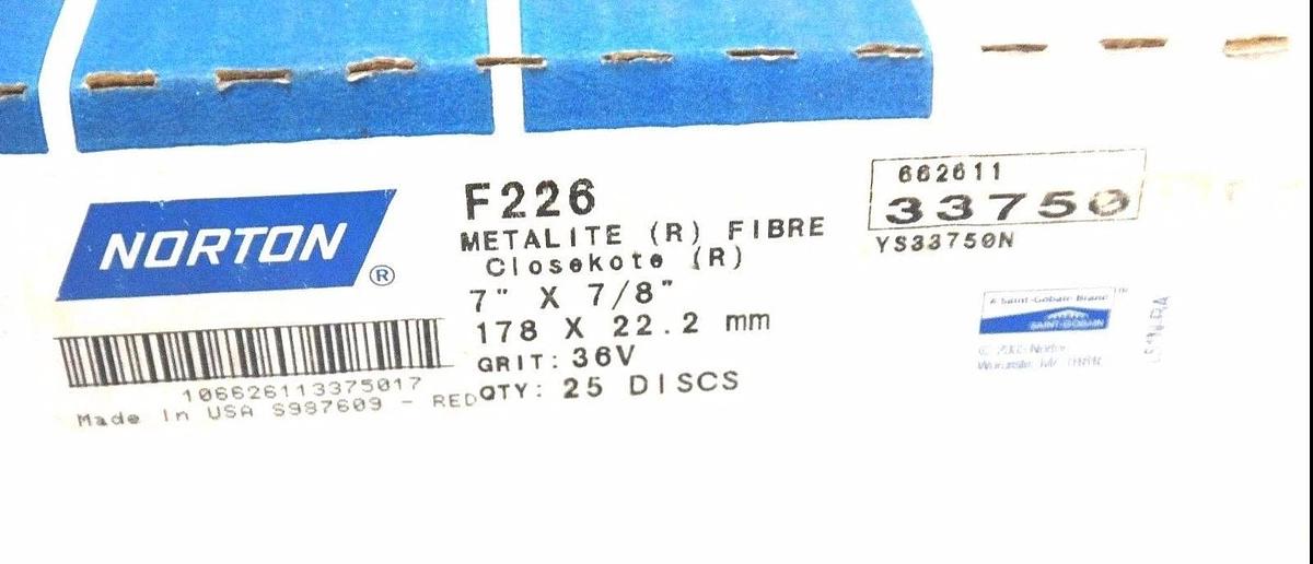Used BOX OF 25 NEW NORTON F226 METALITE BALED FLEXI DISCS 33750 7" X 7/8" 36V GRIT